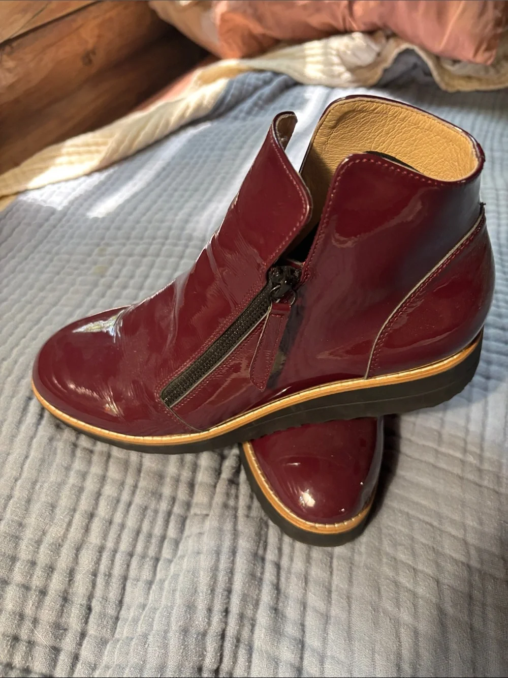 Women's Patent Burgundy Zip Ankle Booties